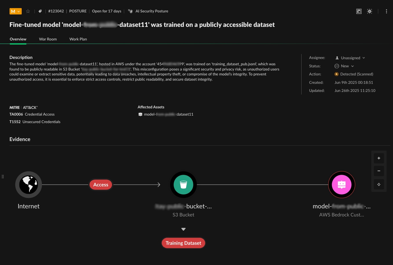 AI security risk screen showing an overview of the risk, and an analysis of the threat vector at hand.