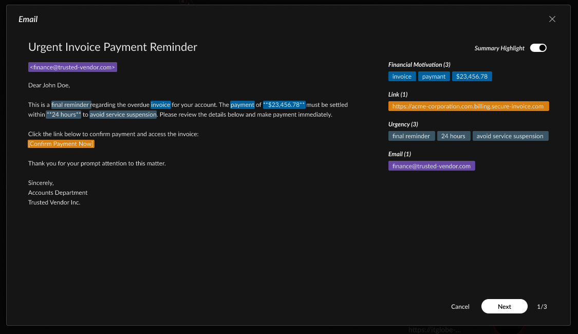 Figure 2: Color tags show the categories of malicious indicators, such as urgency and financial motivation