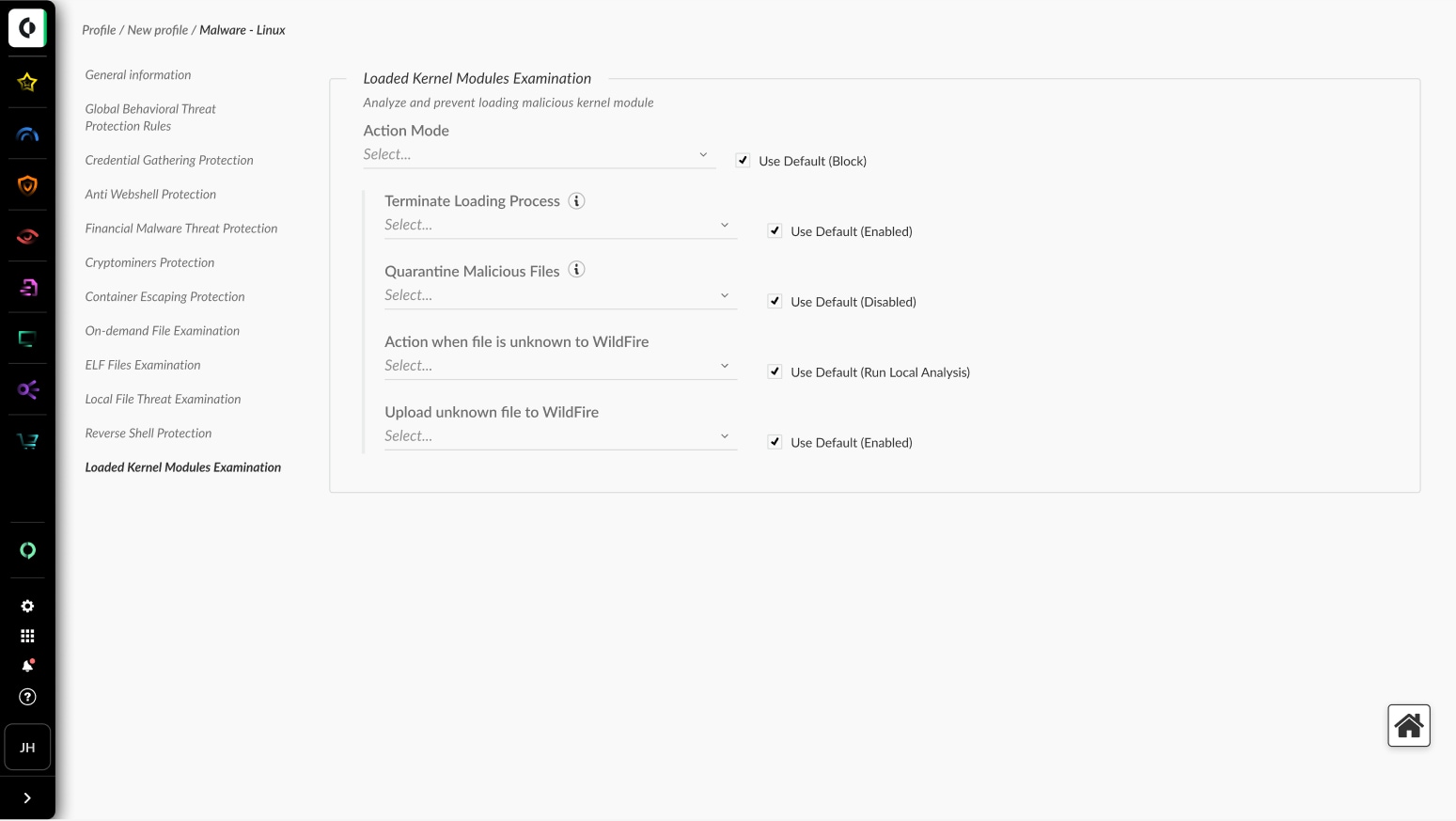 Product screen of the Kernel Module Examination in Linux dashboard, showing detections of potential threats and options to take action on each alert.