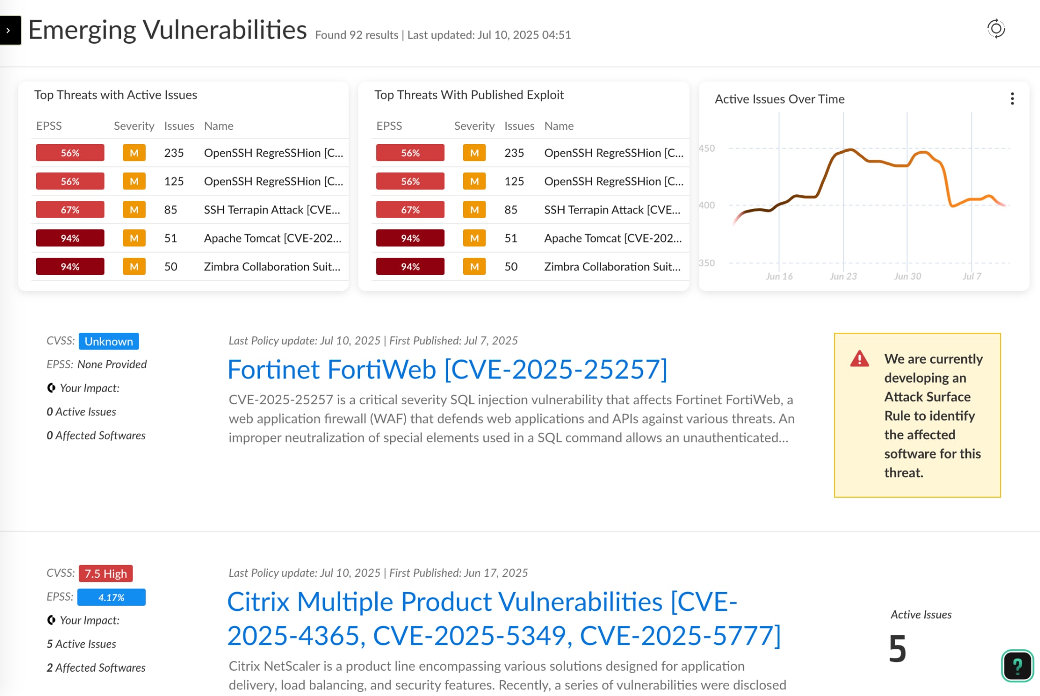 Product screen of the unified view of attack surface threats in the Threat Response Center of Cortex Xpanse. It shows confirmed exploits for emerging vulnerabilities within a single unified view in the Threat Response Center. This streamlined insight is complemented by new bulk action capabilities, allowing your team to manage alerts and assets more efficiently