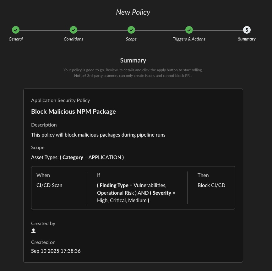 Defining a policy to block application builds due to the existence of vulnerable or operationally risky packages.