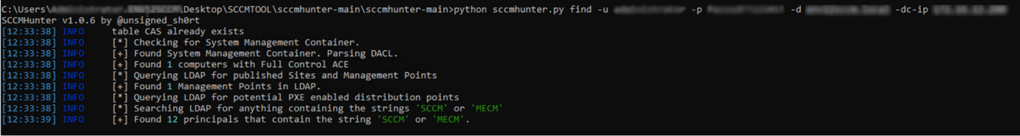 Figure 2. Executing an SCCM enumeration using the python SCCMHunter tool.