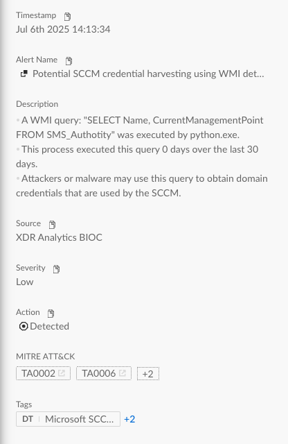 Figure 7. “Potential SCCM credential harvesting using WMI detected” - Cortex XDR alert.