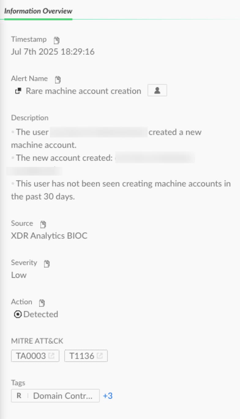Figure 12. “Rare machine account creation” - Cortex XDR Alert