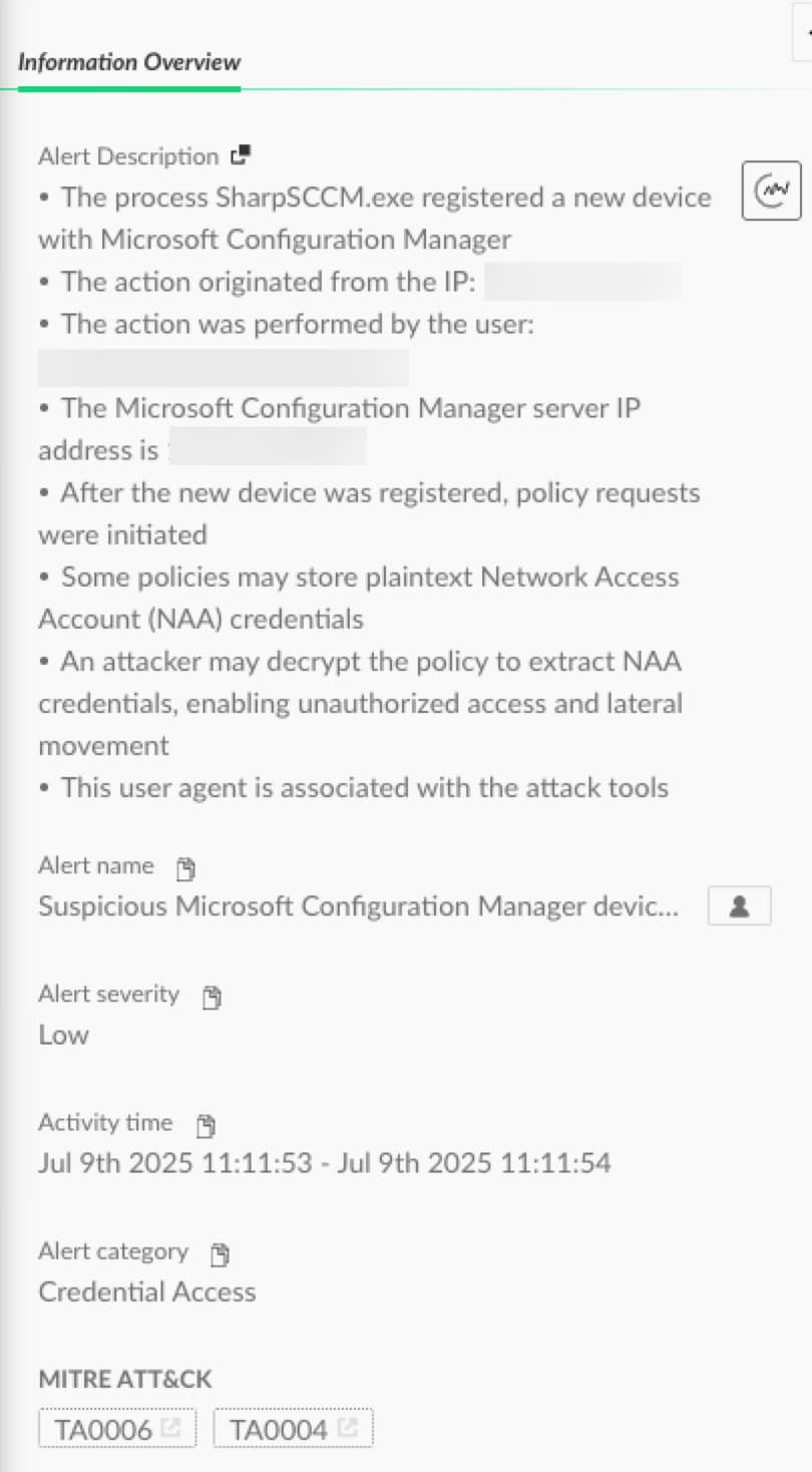 Figure 13. “Suspicious Microsoft Configuration Manager device registration and policy request” - Cortex XDR Alert