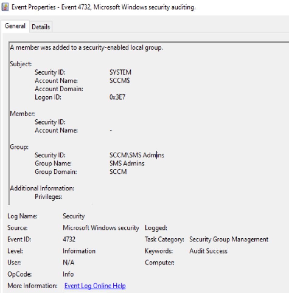 Figure 14. Windows Security Event ID ​​4732 “A member was added to a security-enabled local group”