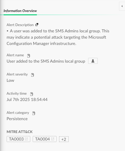 Figure 15. “User Added to SMS Admins local group” - Cortex XDR Alert