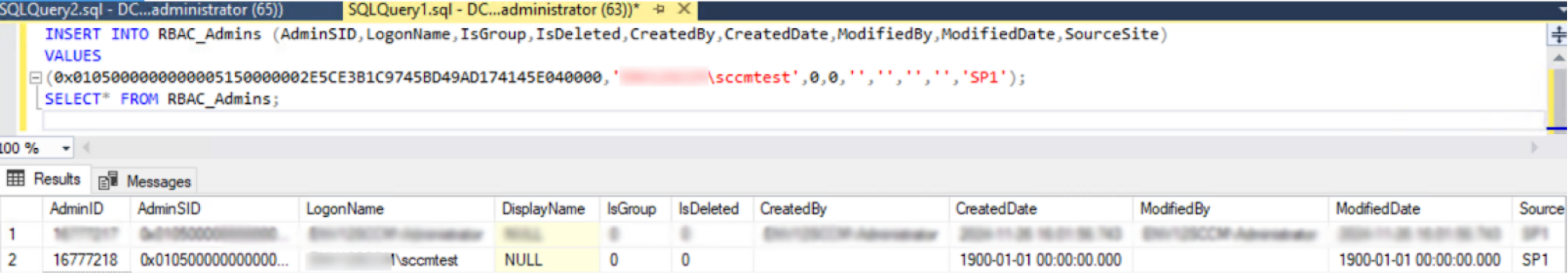 Figure 8. SQL query add new admin to RBAC_Admins table