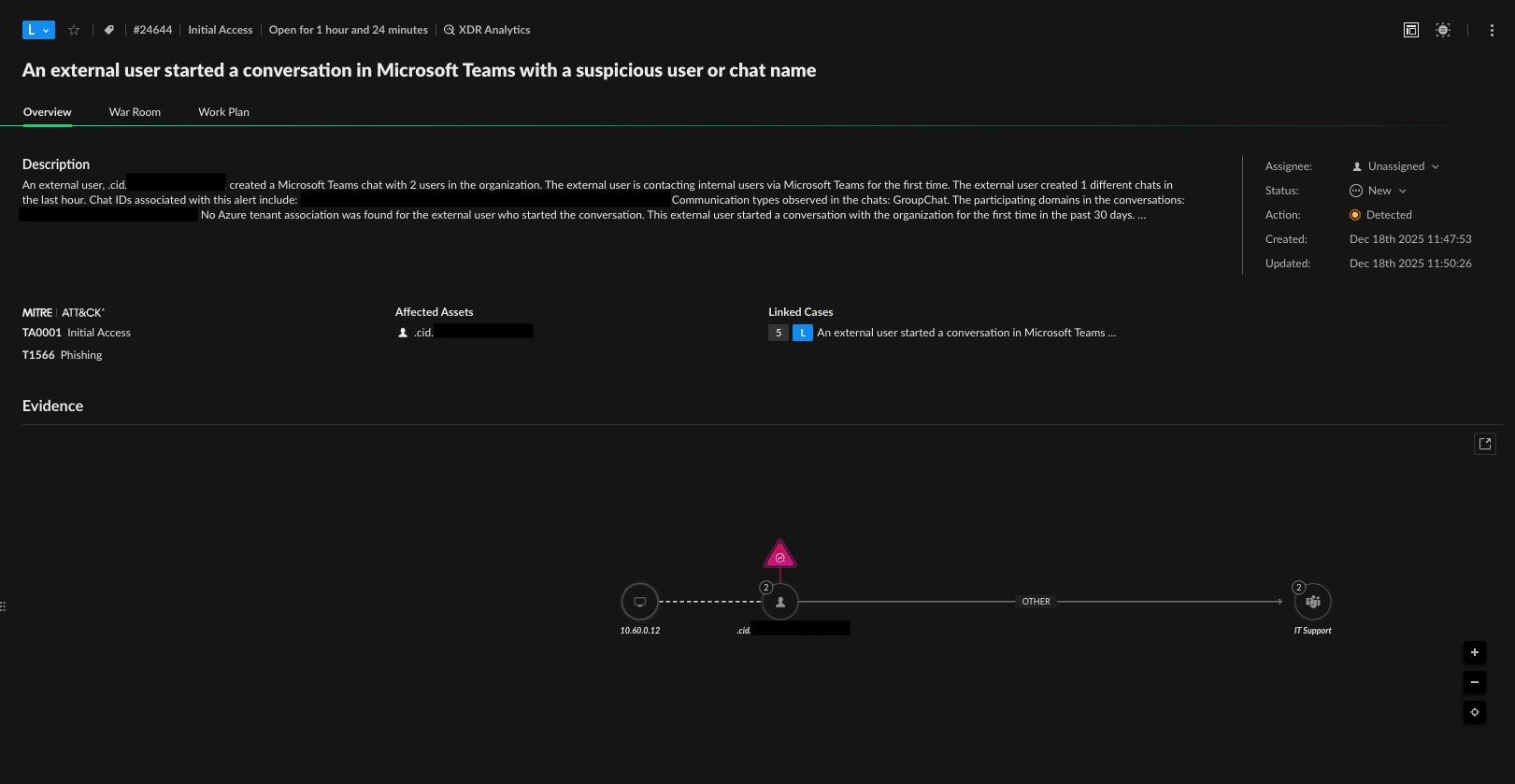 Figure 7. A Microsoft Teams alert investigation example from Cortex XSIAM.