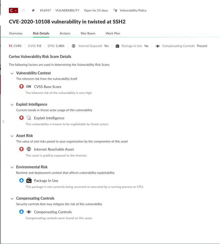 Cortex Exposure Management interface displaying the breakdown of Cortex Vulnerability Risk Score.