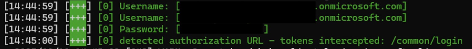 Figure 2. Showing EvilGinx server side after it intercepted credentials after a phishing link was used.