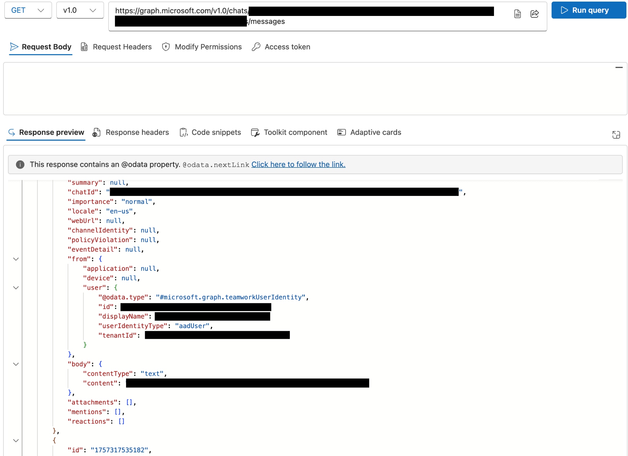 Figure 6. Pulling conversations messages with Graph API web interface.