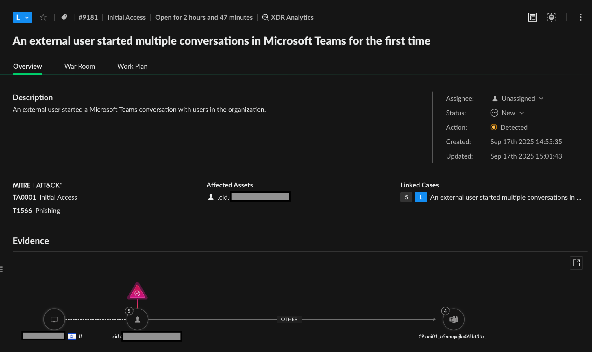Figure 7. A Microsoft Teams alert investigation example from Cortex XSIAM.