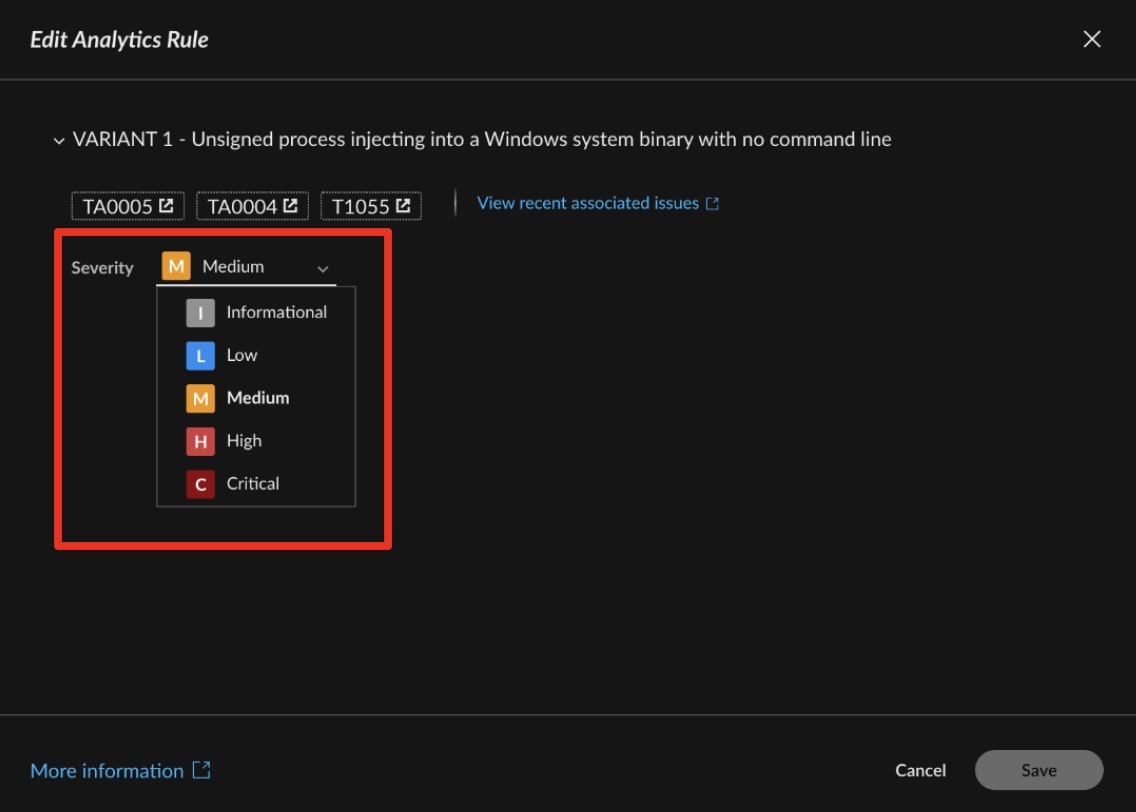 Figure 1. Easily adjust the severity level of detection rules