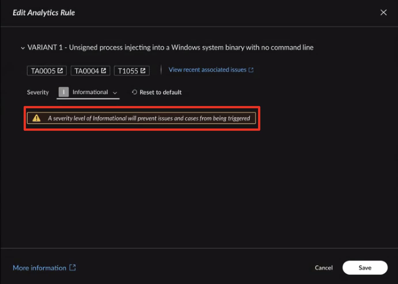 Figure 2. An impact warning appears when severity levels are changed