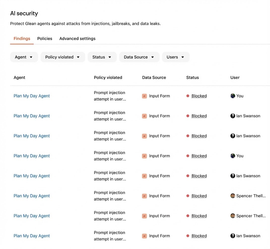 AI security showing rundown of policy violation status.