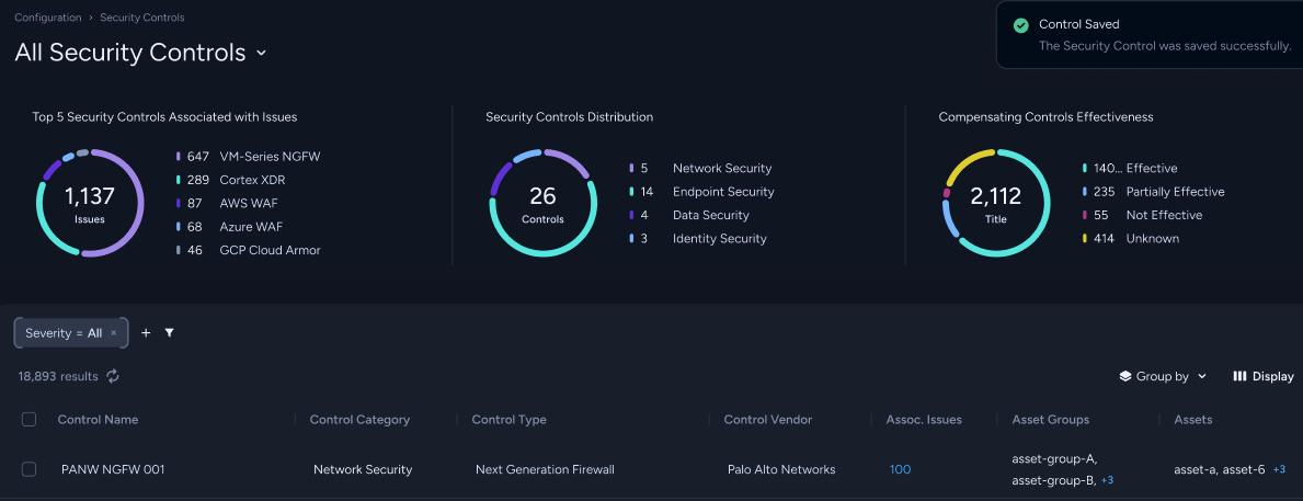 Fig. 1: Security and Compensating Controls dashboard displaying the inventory and effectiveness of deployed defenses.