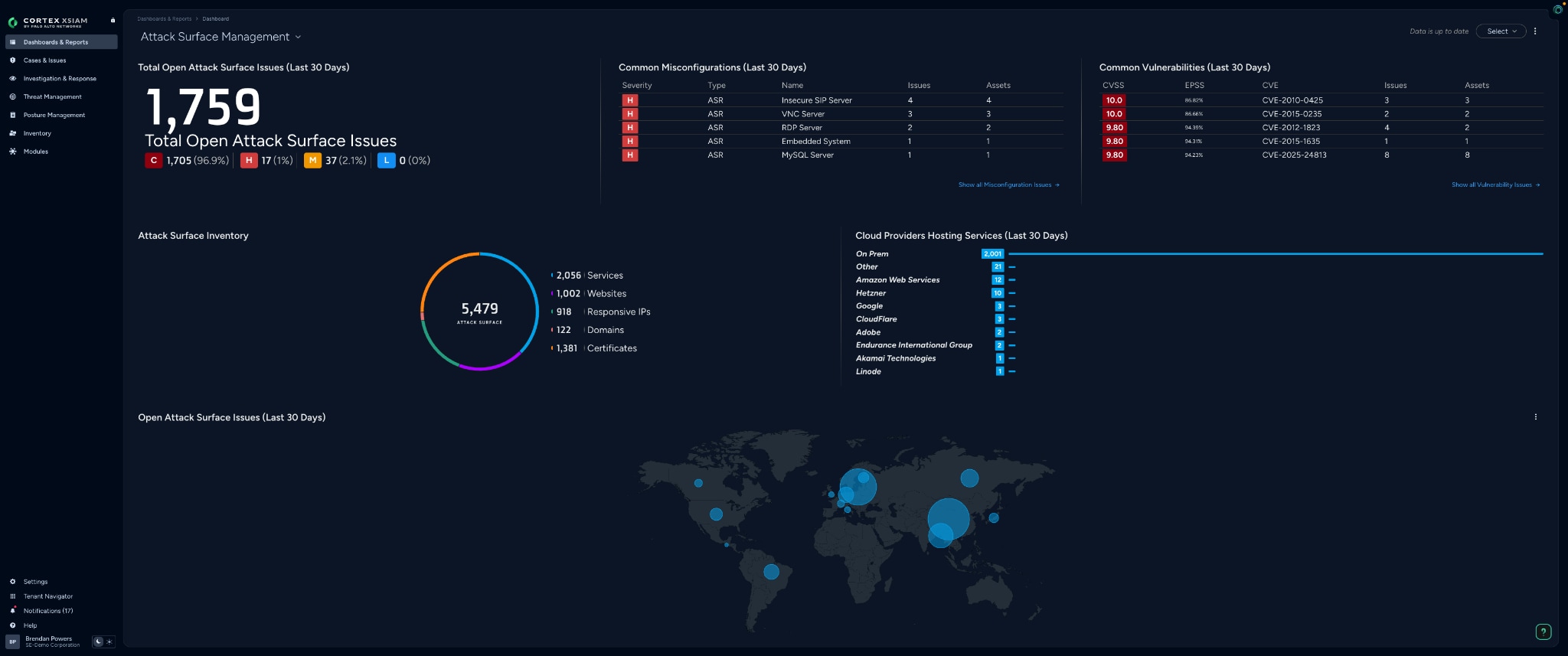 Fig. 1: The Cortex Attack Surface Management dashboard provides practitioners with clear insight into external facing threats.