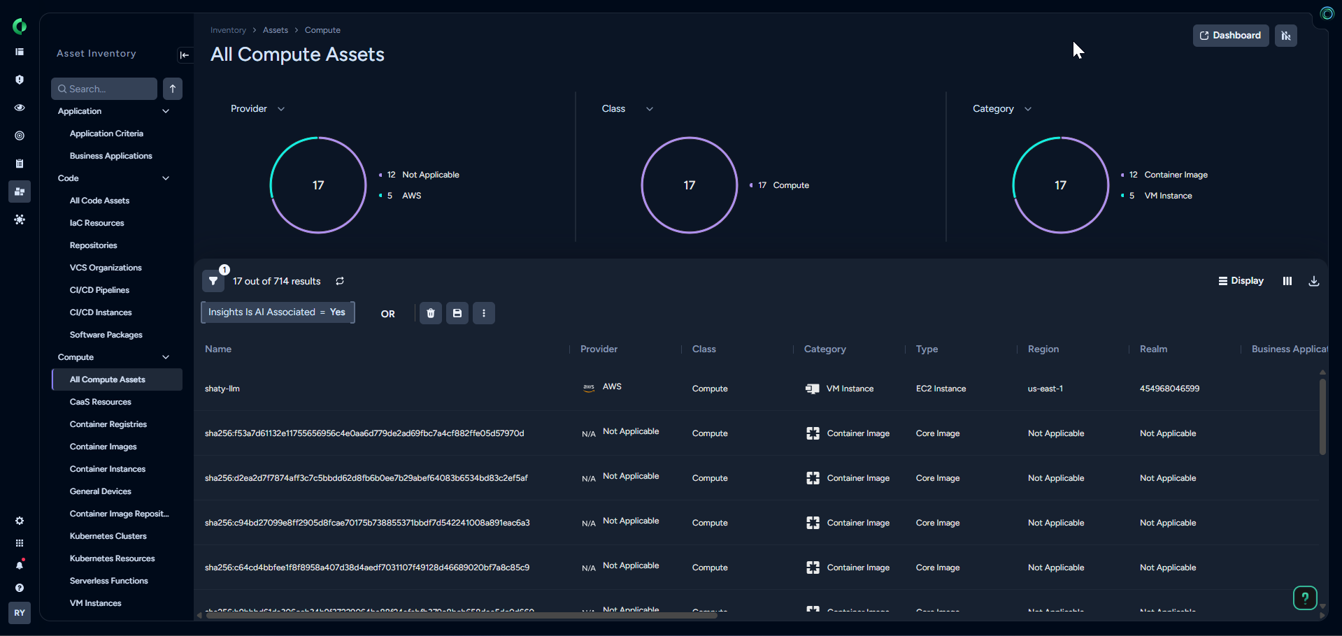 Filtered view of compute assets to show AI packages on workloads