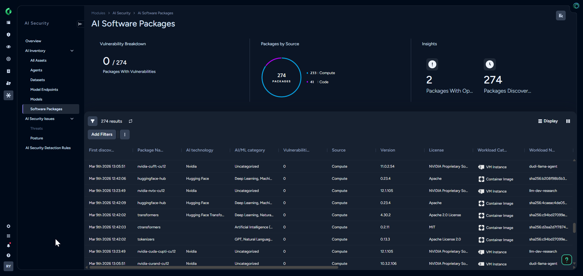 AI Software packages in the AI-SPM module of Cortex Cloud