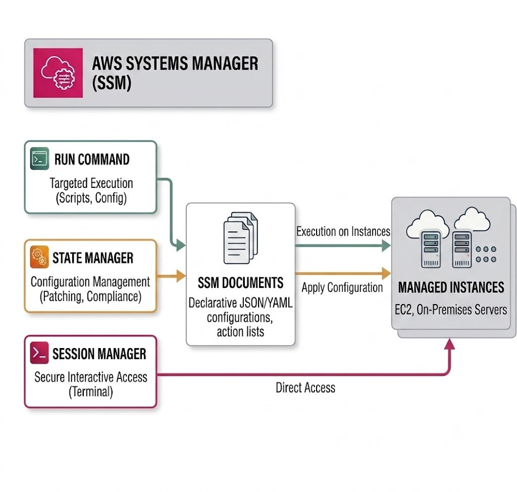 Diagram illustrating how AWS Systems Manager (SSM) features—Run Command, State Manager, and Session Manager—interact with SSM Documents to manage EC2 and on-premises instances.