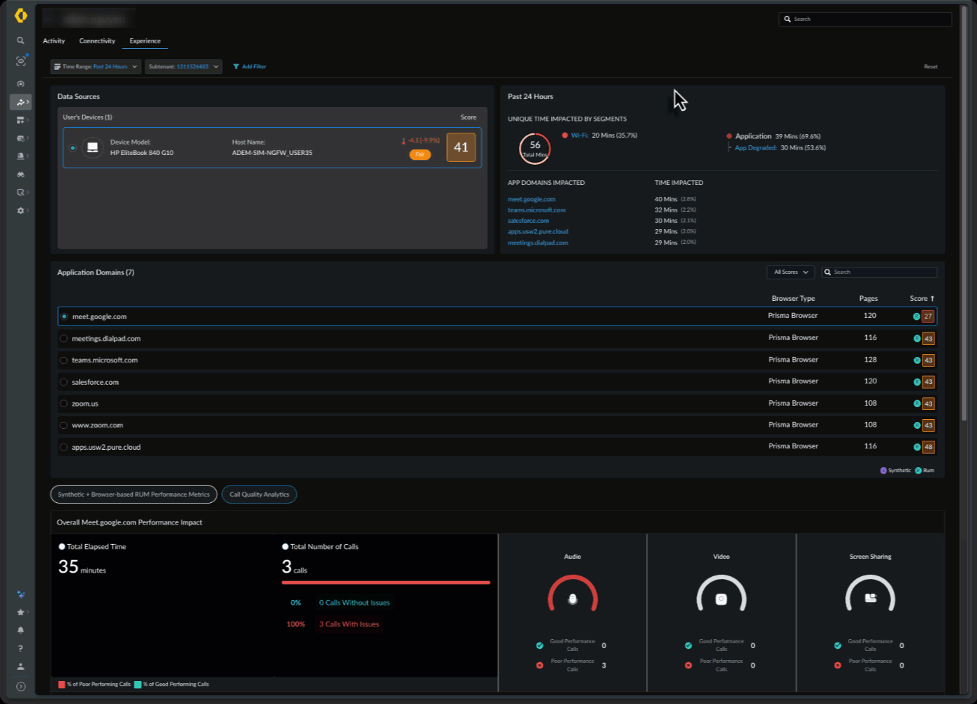 Call quality data for a user with unified User Experience Score, list of calls and call-level details, and Root-Cause-Analysis (example: a user on Google Meet)