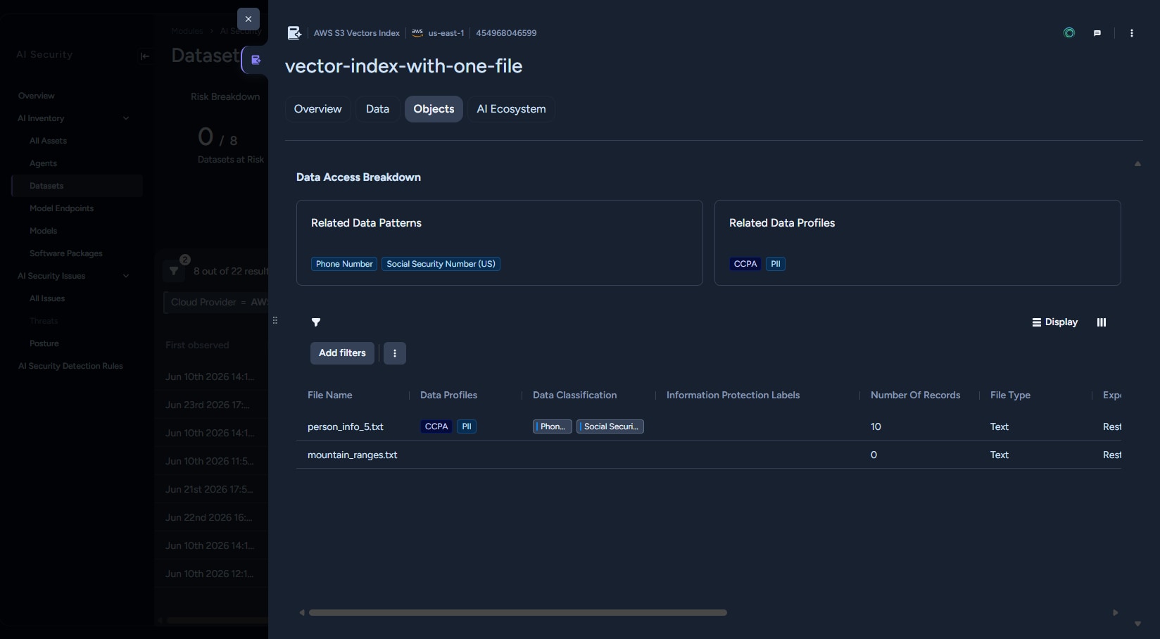 Dark-themed AI security dashboard displaying the Objects view for an AWS S3 vector index, showing data access breakdowns and a file inventory with PII and CCPA classifications.