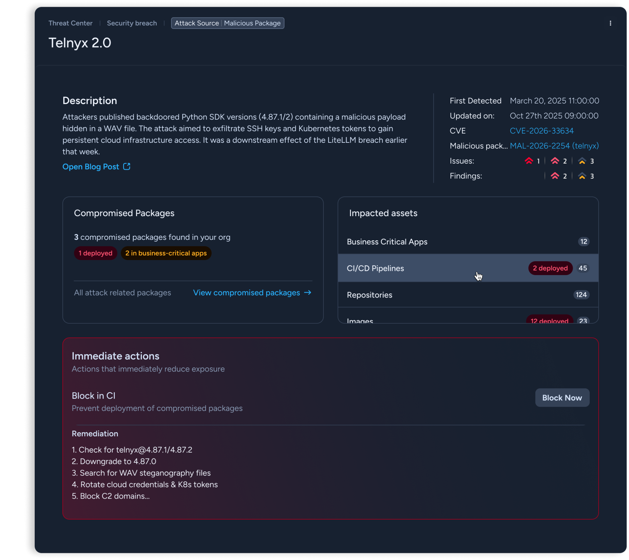 Supply chain threat center dashboard detailing a security breach incident titled "Telnyx 2.0" involving malicious backdoored Python SDK packages, displaying impact metrics, affected assets,