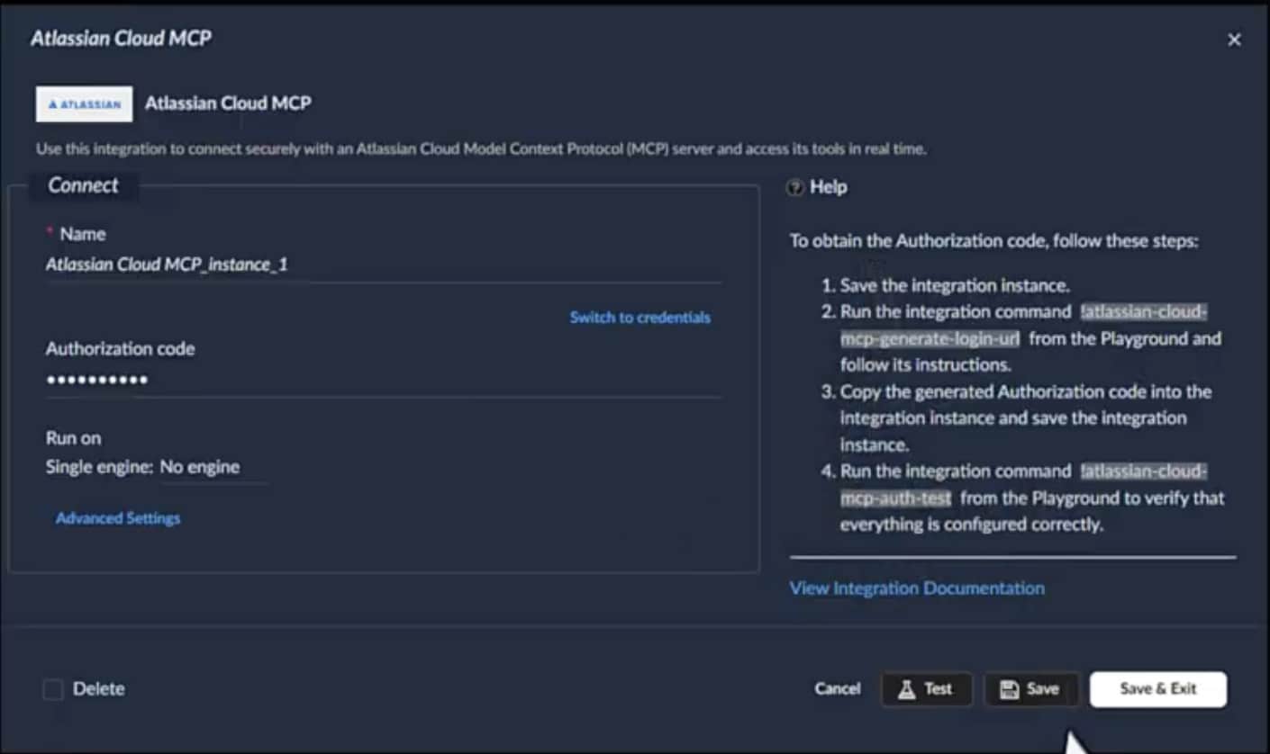 Configuration modal window for "Atlassian Cloud MCP" displaying form fields for instance name and authorization code alongside a four-step help guide for obtaining the authorization code.