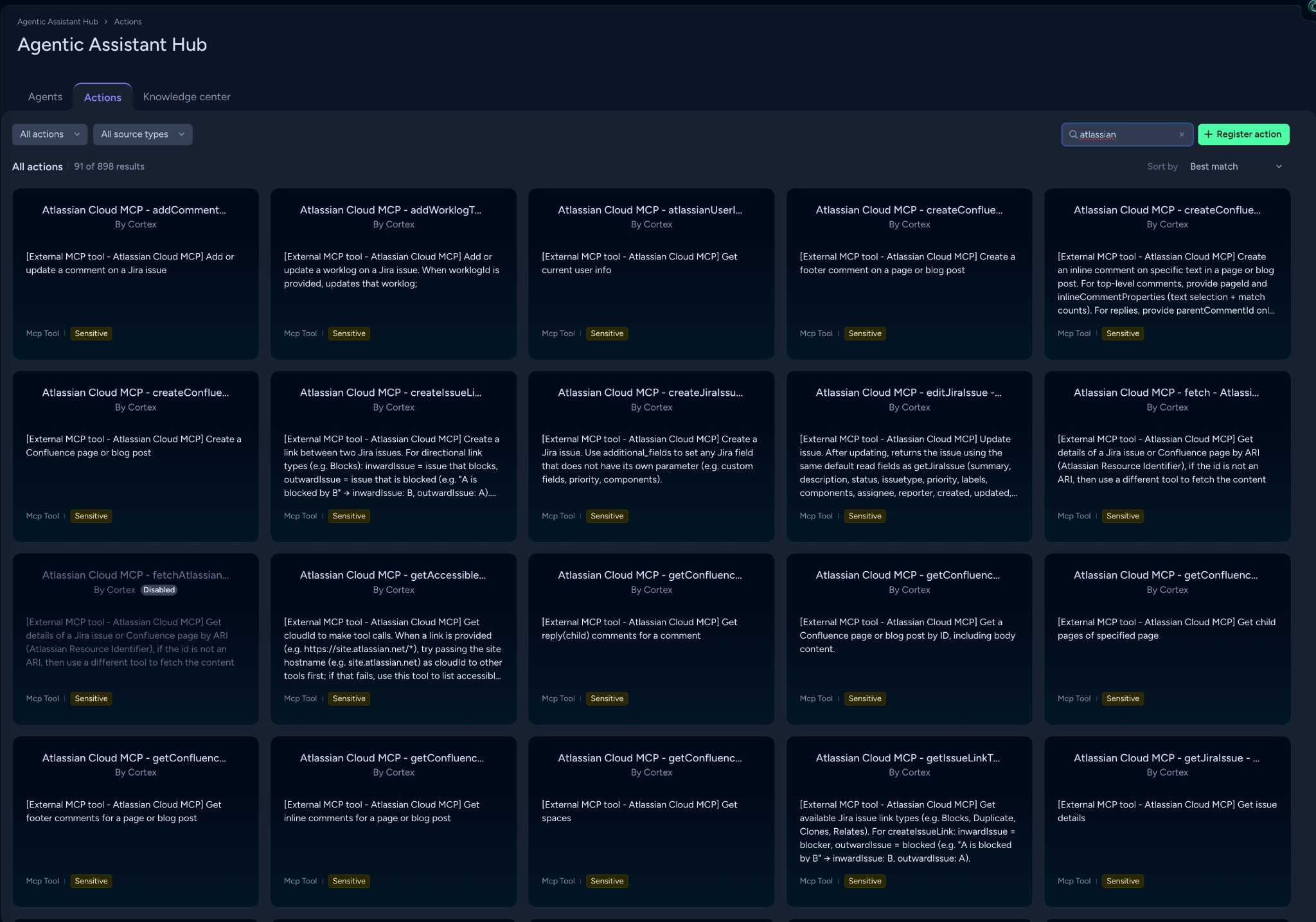 Dark UI dashboard screen displaying the "Agentic Assistant Hub" under the "Actions" tab, showing search results for "atlassian" with a grid of action cards for various Atlassian Cloud MCP tools published by Cortex.