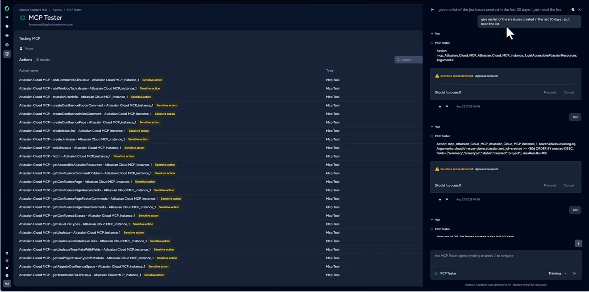 Dark-themed dashboard for "MCP Tester" showing an action list on the left and an active chat sidebar on the right where an AI agent prompts the user for approval to execute sensitive Atlassian Cloud MCP actions.