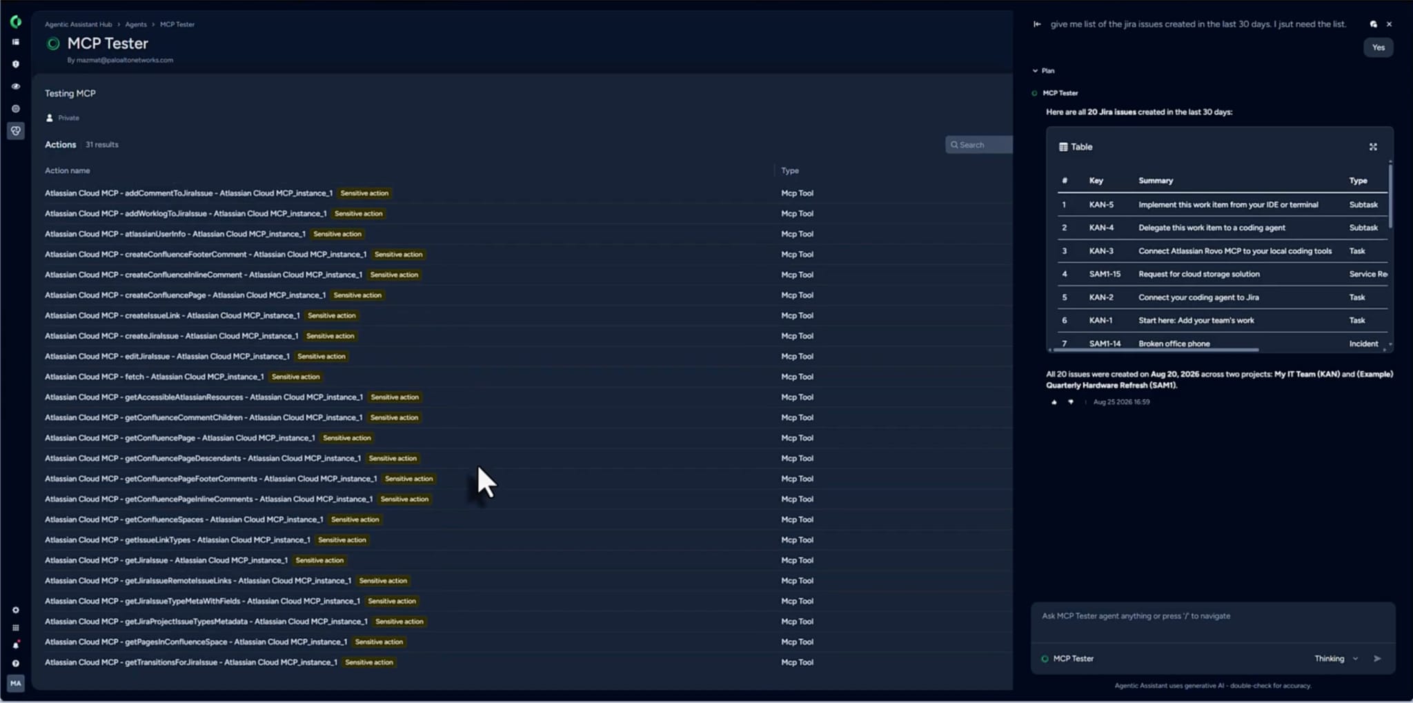 Dark-themed "MCP Tester" dashboard showing a list of Atlassian Cloud MCP actions on the left and a completed AI agent response on the right, presenting a formatted table of Jira issues created within the last 30 days.