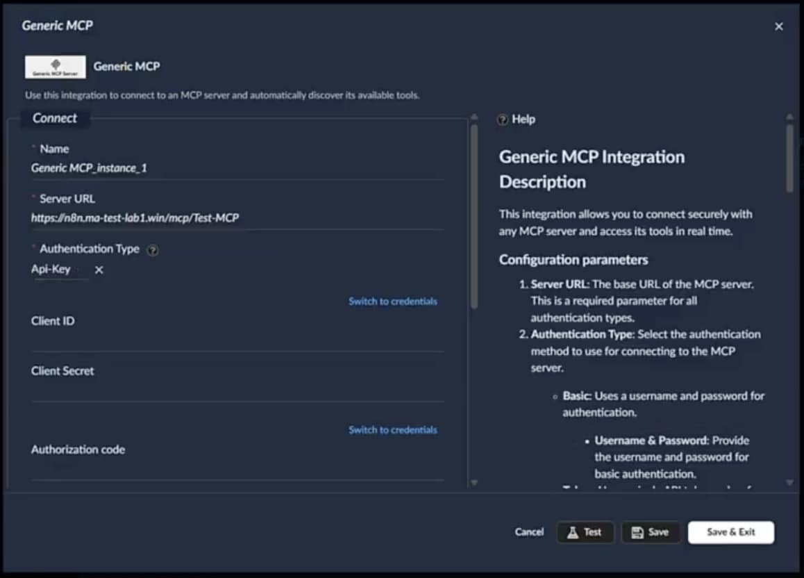 Configuration modal for "Generic MCP" showing server URL and authentication form fields alongside a help guide detailing parameter requirements.
