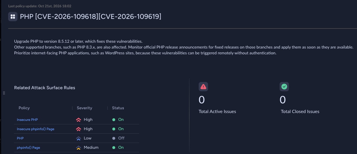 Security dashboard panel detailing PHP vulnerabilities CVE-2026-109618 and CVE-2026-109619, advisory instructions to upgrade to PHP 8.5.12 or later, an attack surface rules table, and counters indicating zero active and zero closed issues.