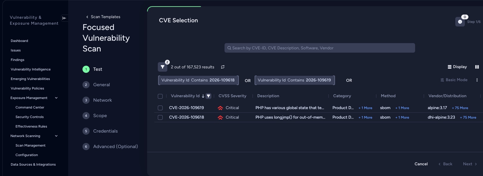 Short Alt Text A vulnerability scanning setup interface titled "Focused Vulnerability Scan" showing the "CVE Selection" step filtered to two critical PHP vulnerabilities, CVE-2026-109618 and CVE-2026-109619.