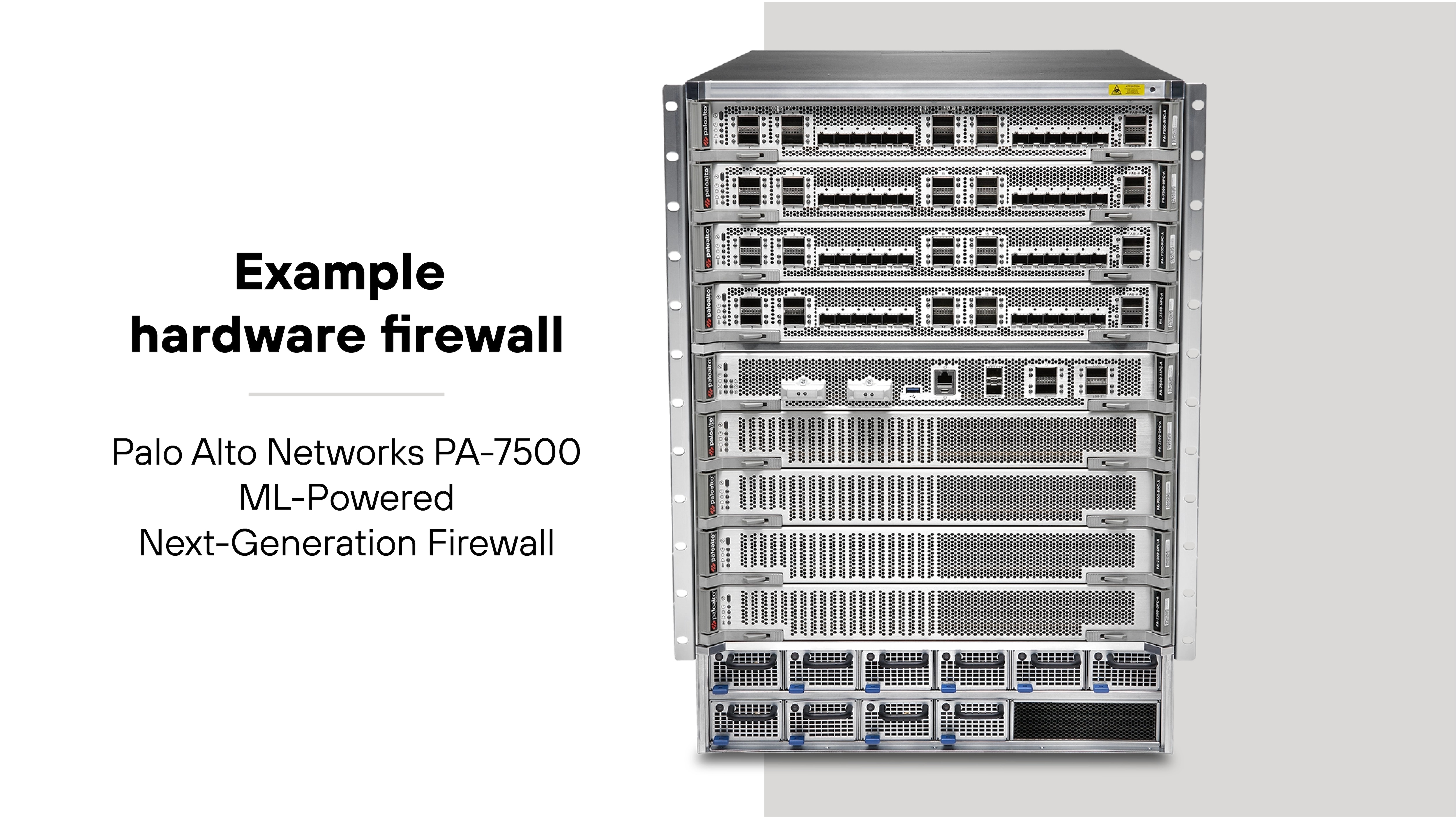 The image shows a large metal hardware firewall appliance with multiple horizontal slots stacked vertically, each containing rows of network ports and indicator lights. The chassis is silver with black vented panels, and the bottom section has several cooling fans arranged in a grid. To the left of the device, text reads 'Example hardware firewall' in bold black font, with smaller text below stating 'Palo Alto Networks PA-7500 ML-Powered Next-Generation Firewall'. The image shows a large metal hardware firewall appliance with multiple horizontal slots stacked vertically, each containing rows of network ports and indicator lights. The chassis is silver with black vented panels, and the bottom section has several cooling fans arranged in a grid. To the left of the device, text reads 'Example hardware firewall' in bold black font, with smaller text below stating 'Palo Alto Networks PA-7500 ML-Powered Next-Generation Firewall'.