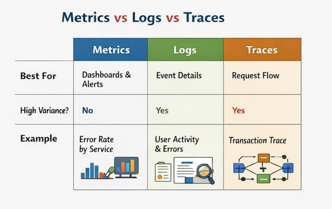 Comparison table showing when to use metrics, logs, and traces in observability: metrics for dashboards and alerts, logs for event details, and traces for request flow, highlighting that logs and traces handle high-variance data better than metrics.