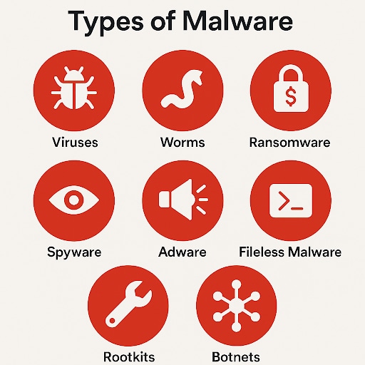 Infographic titled ‘Types of Malware’ showing nine red circular icons with white symbols, each labeled below. Icons represent Viruses (bug), Worms (curved line), Ransomware (padlock with dollar sign), Spyware (eye), Adware (megaphone), Fileless Malware (command prompt symbol), Rootkits (wrench), and Botnets (network nodes). Malware Types