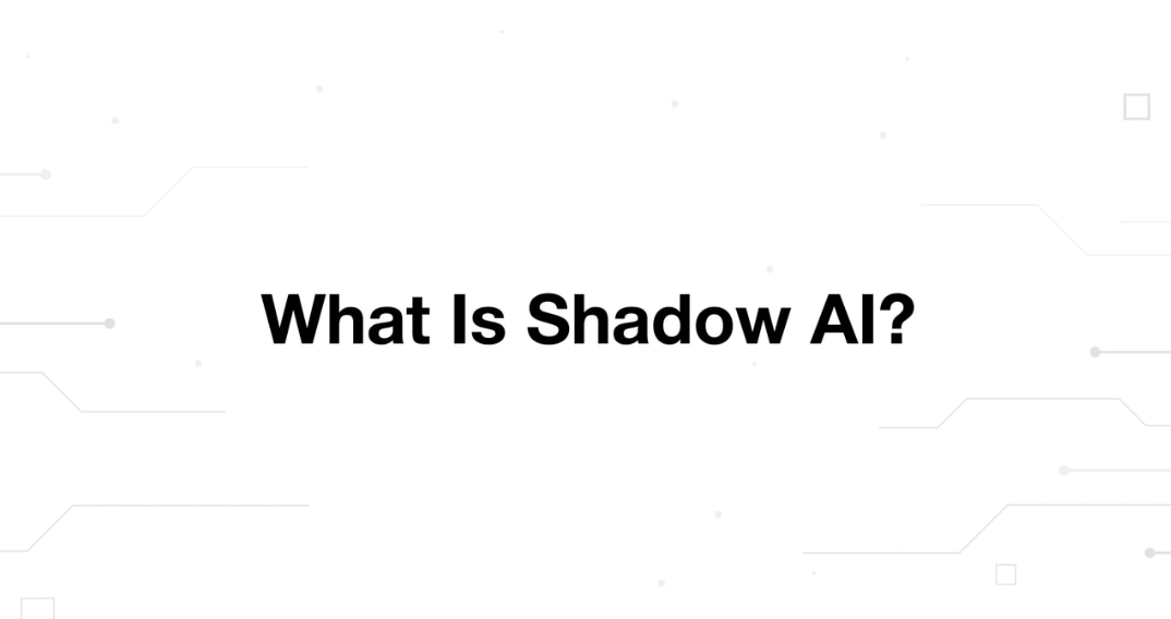 A minimalist presentation slide features a white background with faint, high-tech geometric patterns of lines and dots. Large, bold black text in the center reads 'What Is Shadow AI?'.